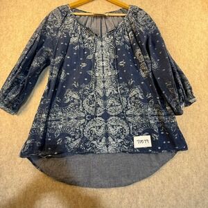 Life Style Womens Blue Paisley Cotton Chambray Boho Blouse Top Large T0579